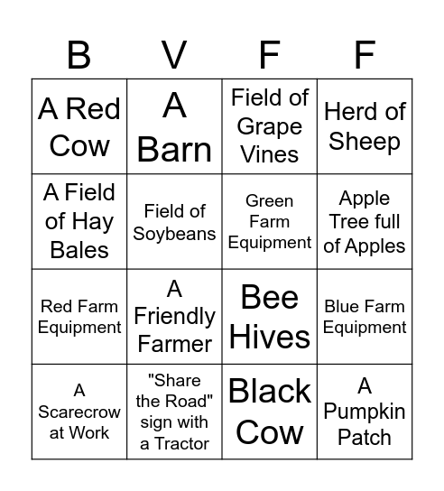 BVFF Agriculture Scavenger Hunt Bingo Card