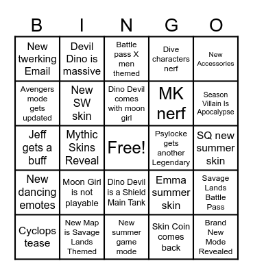 Rivals Update Bingo Card