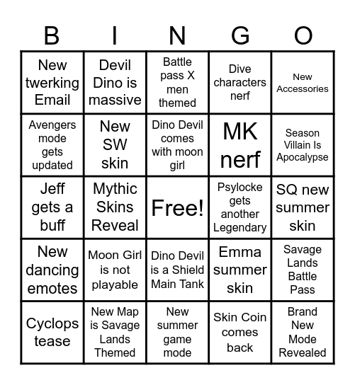 Rivals Update Bingo Card