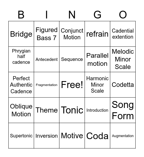 AP Music Theory Bingo Card