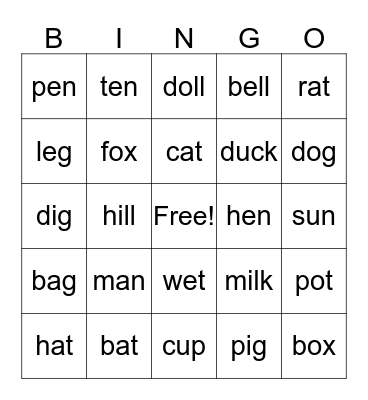 List 9-Short Vowel Sounds Bingo Card