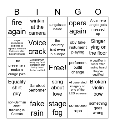 Eurovision semi finals bingo Card