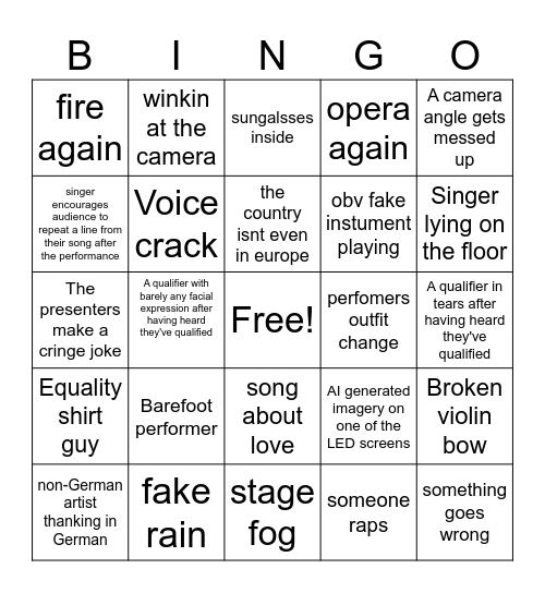 Eurovision semi finals bingo Card