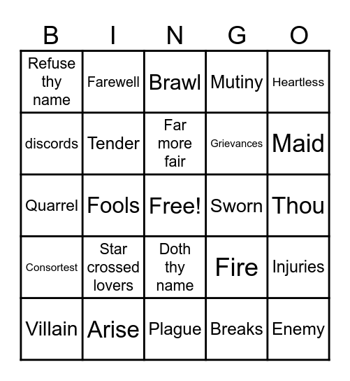 Romeo + Juliet Bingo Card