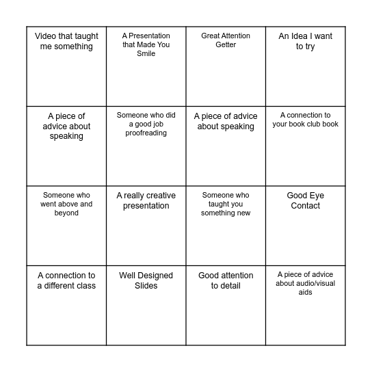 Class Presentation Bingo Card