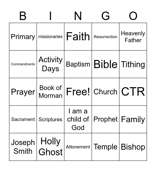 Primary Bingo -Activity Day Bingo Card