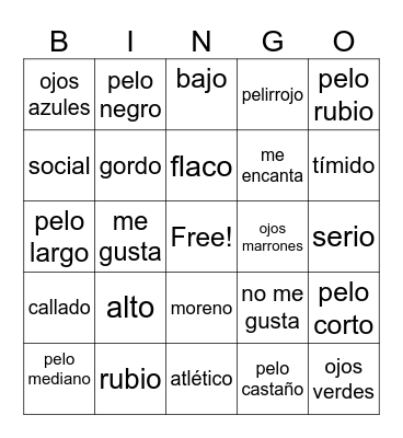 Physical Descriptions - Spanish Bingo Card