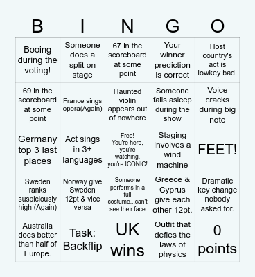 Eurovision Bingo Card