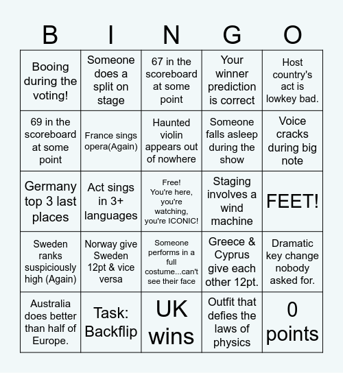 Eurovision Bingo Card