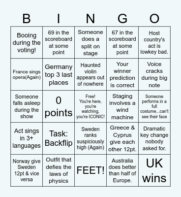 Eurovision Bingo Card