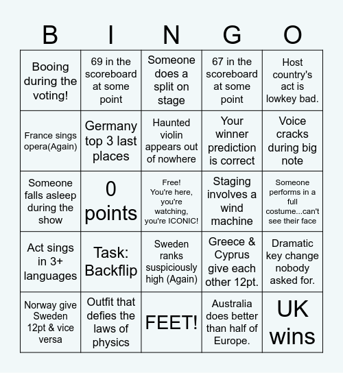Eurovision Bingo Card