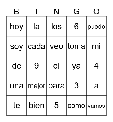 Palabras Vistas y Números Bingo Card