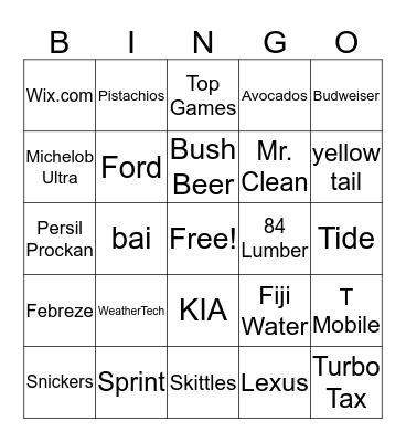 Super Bowl (51) 2017 Bingo Card