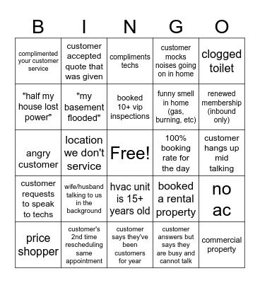 Customer Service Bingo Card