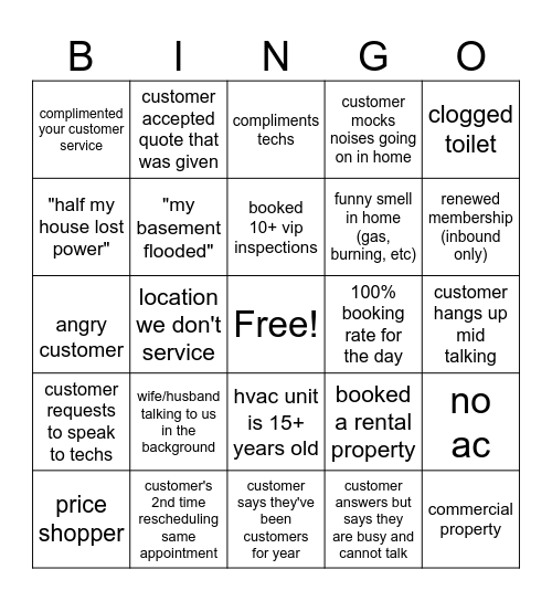 Customer Service Bingo Card