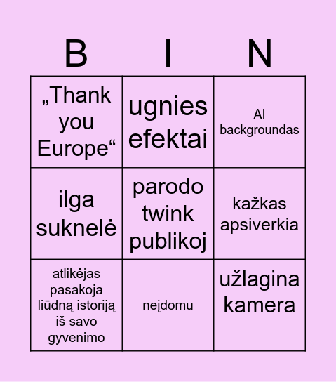 Eurovizija 2026 Bingo Card