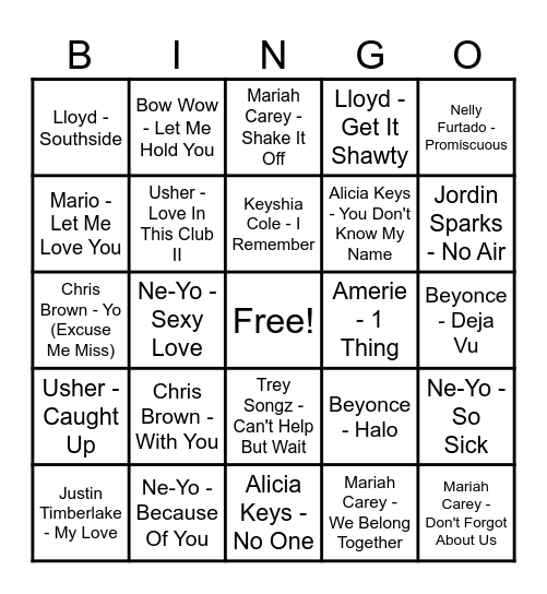 Round 3: 2000s R&B Bingo Card
