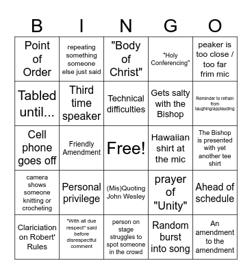 UMCSC Annual Conference Bingo Card