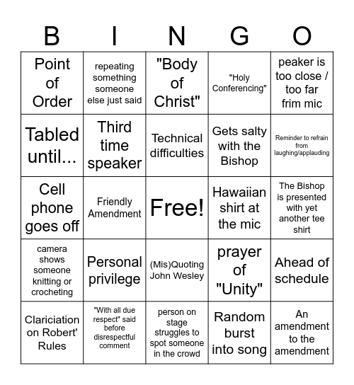 UMCSC Annual Conference Bingo Card