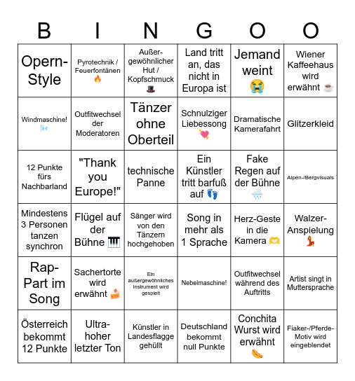 Dasa große ESC Bingo 2026 Bingo Card