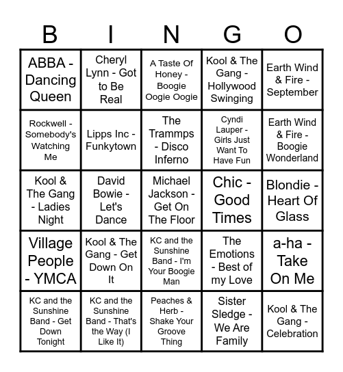 Round 5 - Disco Songs Bingo Card