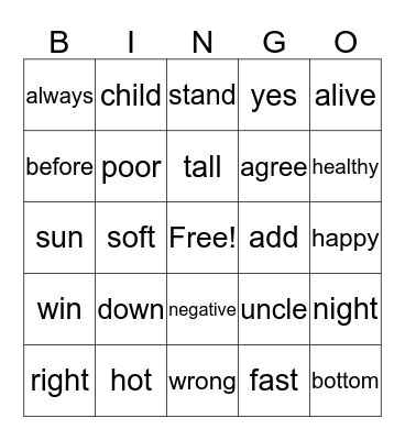 Opposites Bingo Card