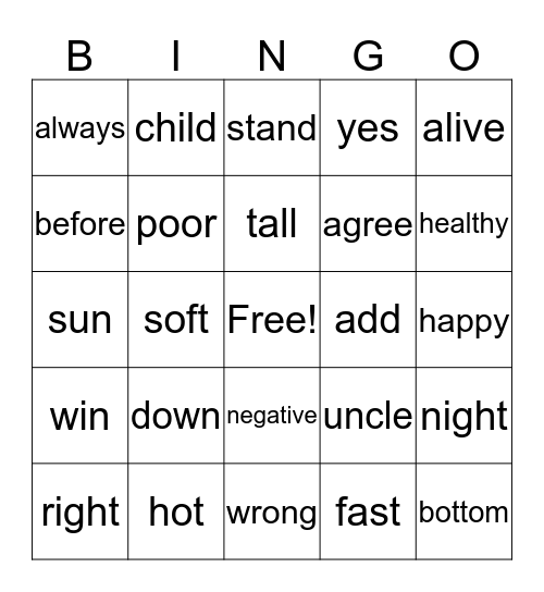 Opposites Bingo Card