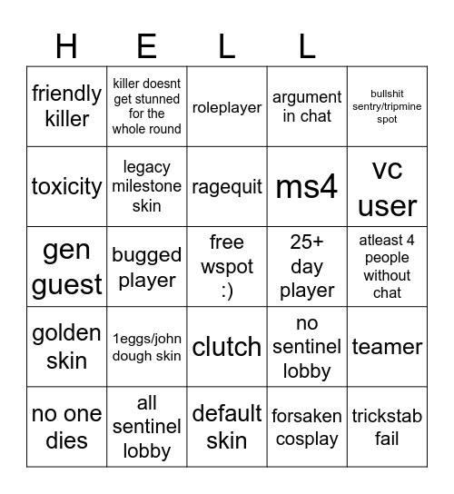 fosaken Bingo Card