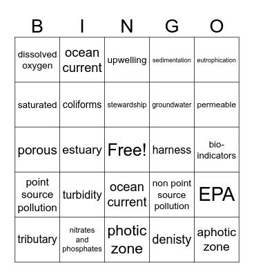 Water review Vocabulary Bingo Card