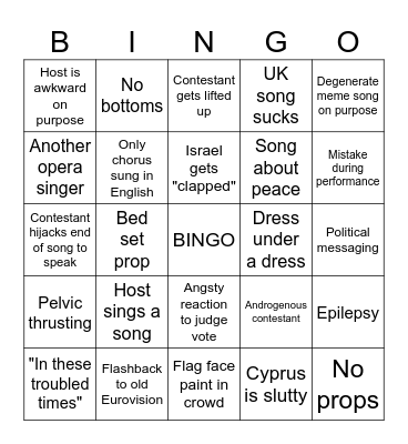 Eurovision 2026 Semi-Finals Bingo Card