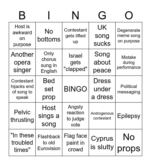 Eurovision 2026 Semi-Finals Bingo Card