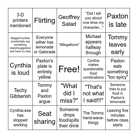Lunch Table Bingo Card