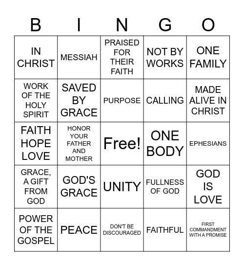 EPHESIANS - YOUTH - GOD'S GRACE, PEACE, PURPOSE Bingo Card