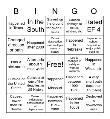 Tornados Bingo Card