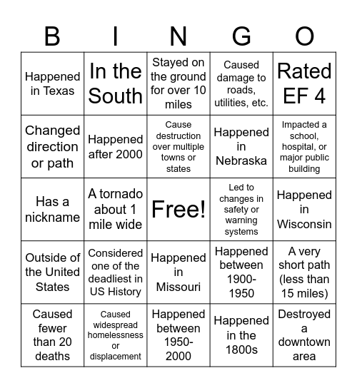 Tornados Bingo Card