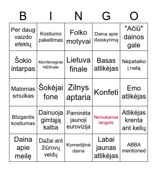 Eurovizija Bingo Card