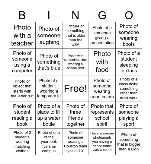 Yearbook Scavenger Hunt Bingo Card