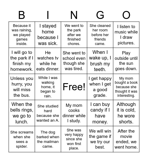 5th grade Sentence BINGO Card