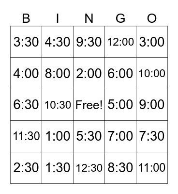 time full hour & half past Bingo Card