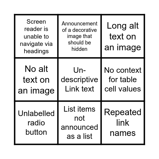 Screen Reader Bingo Card