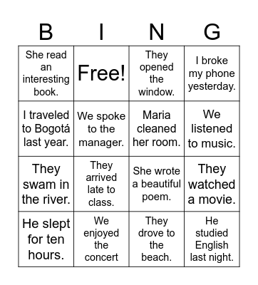 Simple past Bingo Card