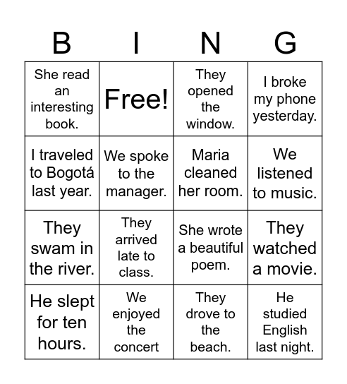 Simple past Bingo Card
