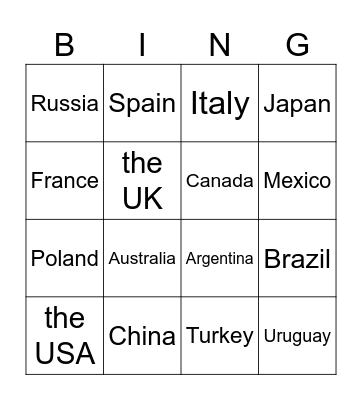 Countries Bingo Card