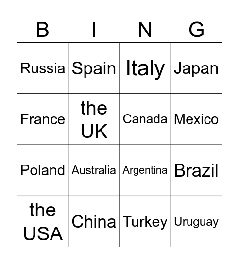 Countries Bingo Card