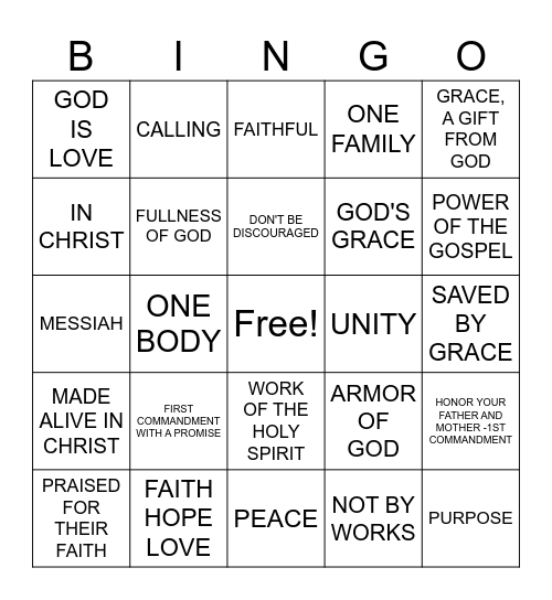 EPHESIANS TEEN'S LESSON BINGO Card