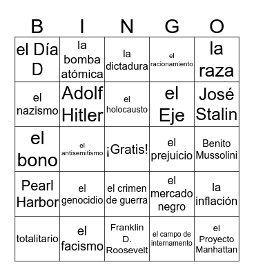 Vocabulario de la Segunda Guerra Mundial Bingo Card