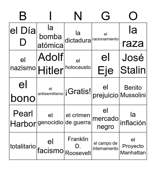 Vocabulario de la Segunda Guerra Mundial Bingo Card
