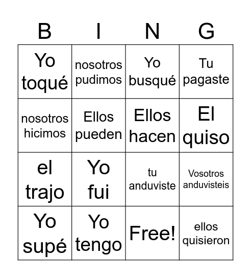 Verbos AR ER IR Bingo Card