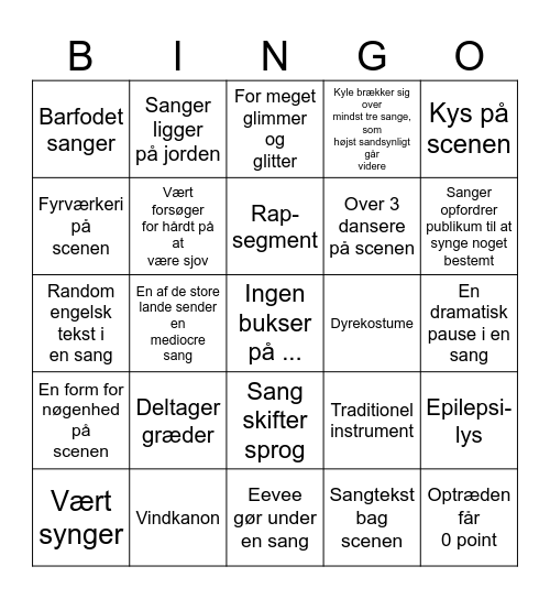 Eurovision 1 Bingo Card