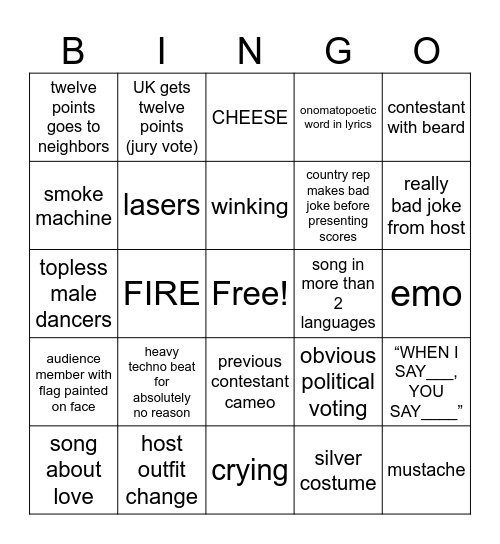 Eurovision Bingo Card